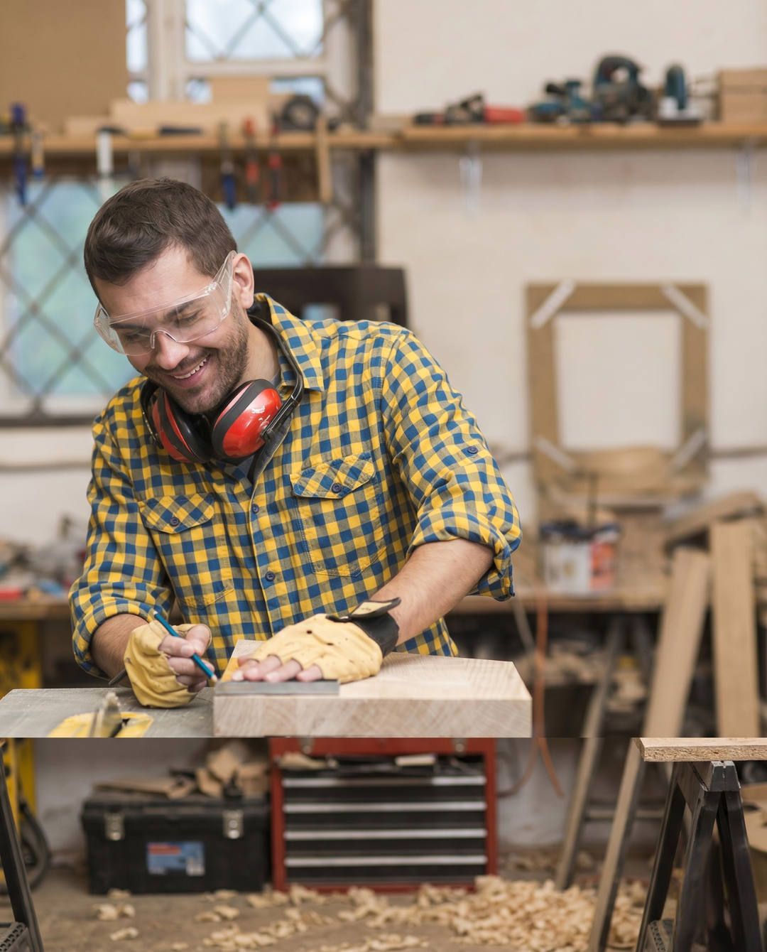 Subject engaged in spatial woodworking analysis